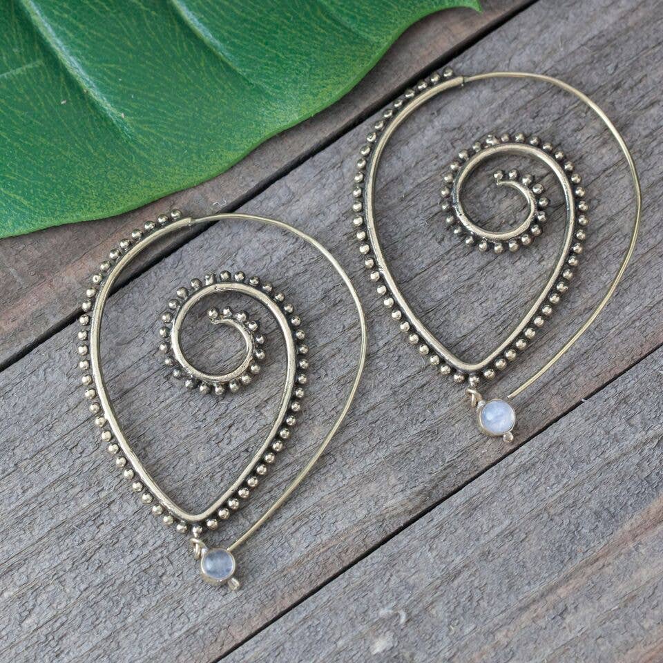 Brass Spotted Stone Drop Spiral Earring