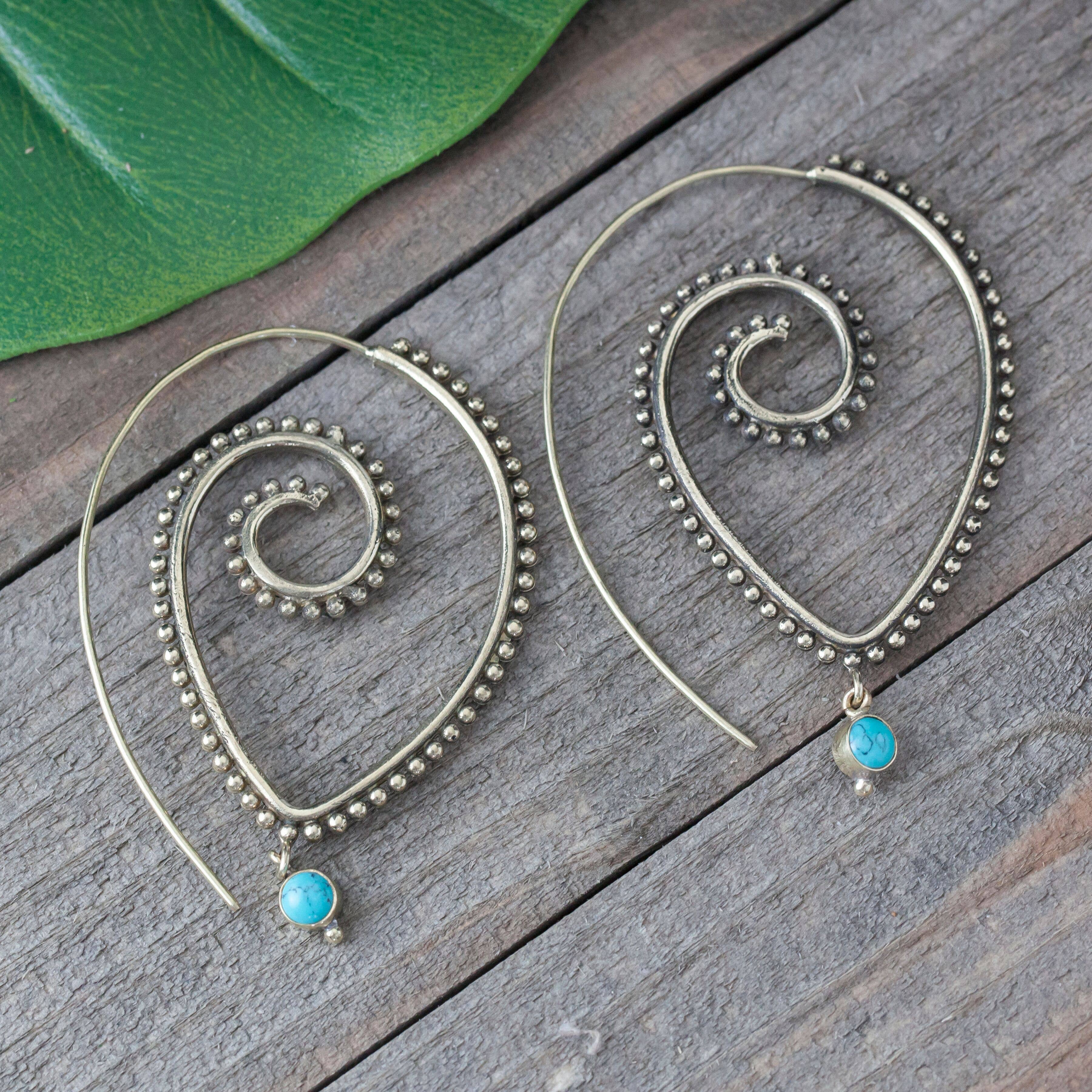 Brass Spotted Stone Drop Spiral Earring