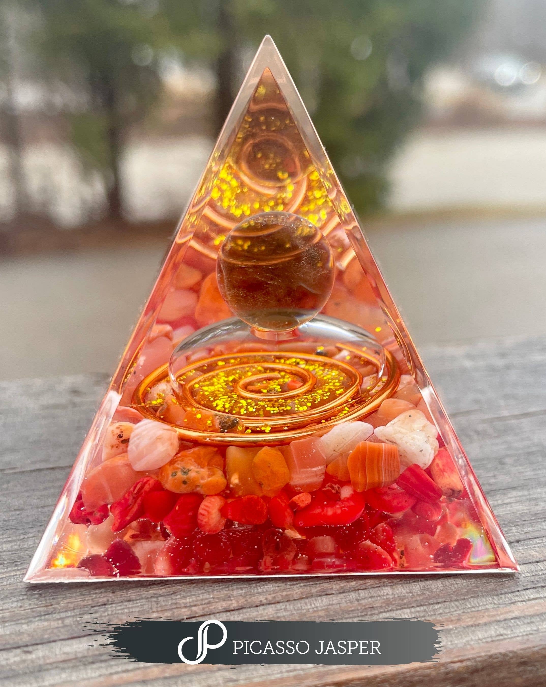 Orgone Crystal Pyramid: Smoky Quartz + Crazy Lace Agate
