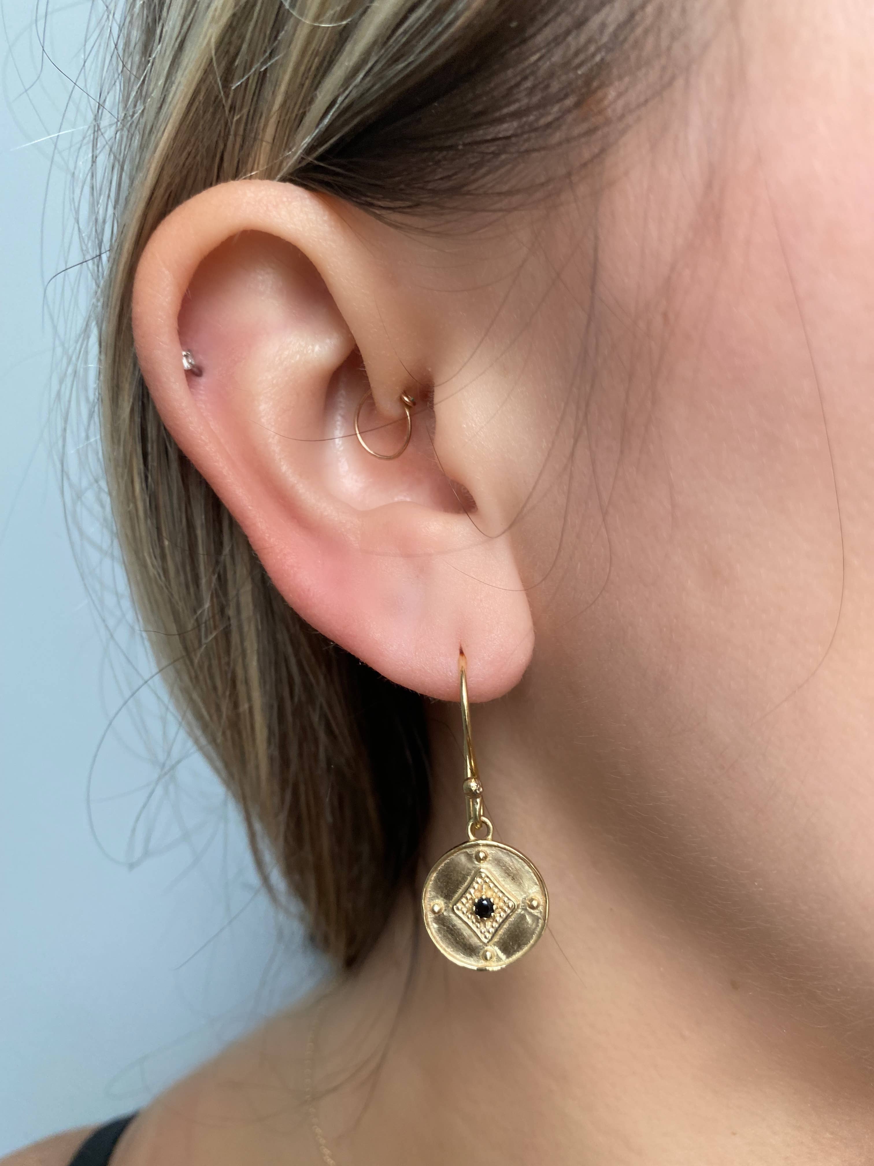 Brass Black Spinel Medallion Earring