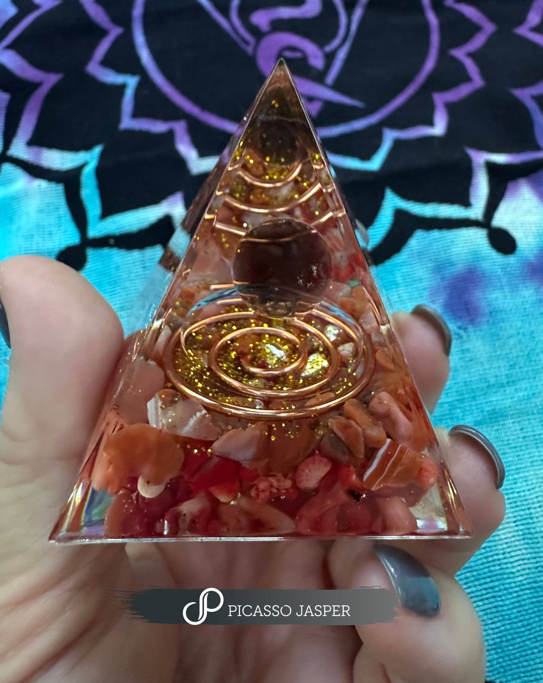 Orgone Crystal Pyramid: Smoky Quartz + Crazy Lace Agate