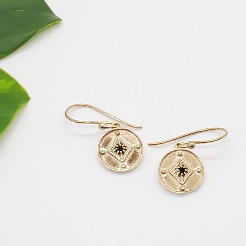 Brass Black Spinel Medallion Earring